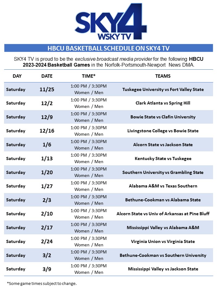SKY4TV HBCU BASKETBALL SCHEDULE 2023-2024