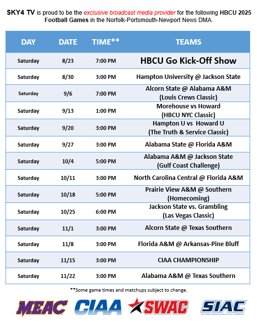 2025 HBCU Football Schedule on SKY4 TV